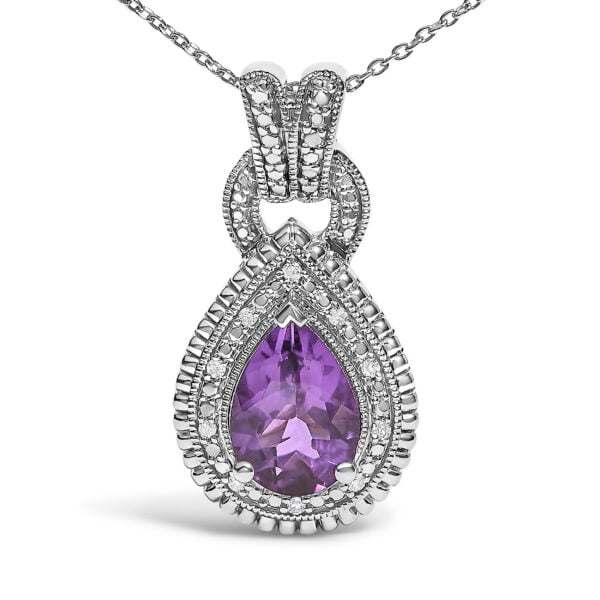 925 Sterling Silver Pear-Cut Purple Amethyst and Diamond Accent Milgrain Halo Pendant Necklace - alternate view 2