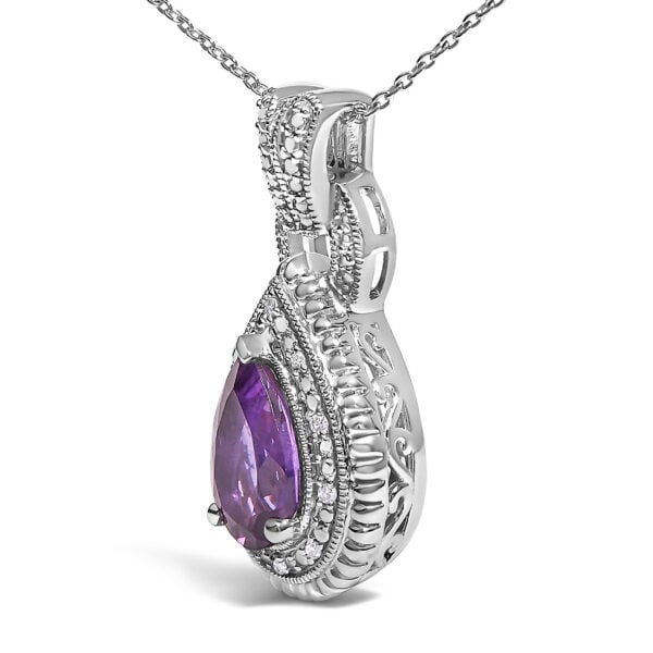 925 Sterling Silver Pear-Cut Purple Amethyst and Diamond Accent Milgrain Halo Pendant Necklace - alternate view 3