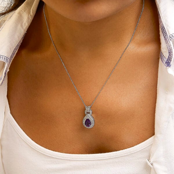 925 Sterling Silver Pear-Cut Purple Amethyst and Diamond Accent Milgrain Halo Pendant Necklace - alternate view 4