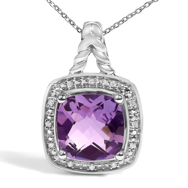 925 Sterling Silver Cushion-Cut Purple Amethyst and Diamond Accent Halo Pendant Necklace - alternate view 2