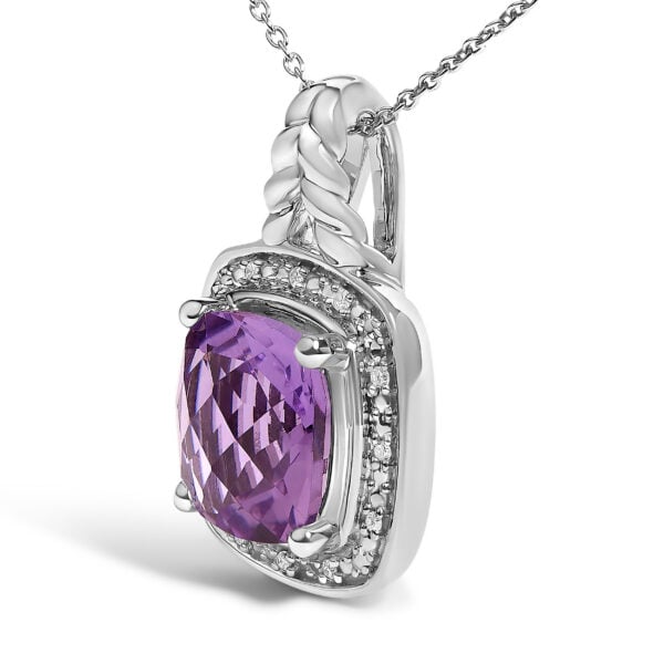 925 Sterling Silver Cushion-Cut Purple Amethyst and Diamond Accent Halo Pendant Necklace - alternate view 3