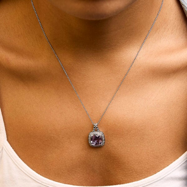 925 Sterling Silver Cushion-Cut Purple Amethyst and Diamond Accent Halo Pendant Necklace - alternate view 5