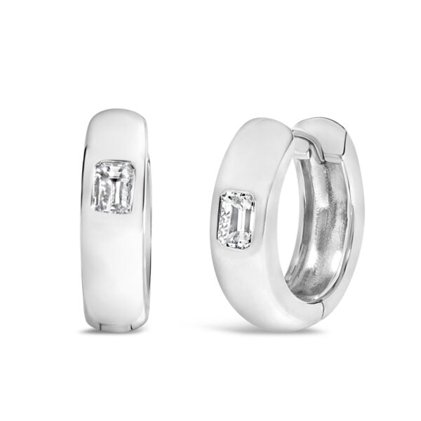 14K White Gold 1/3 Cttw Emerald Diamond Bezel Set Huggie Earrings - alternate view 2