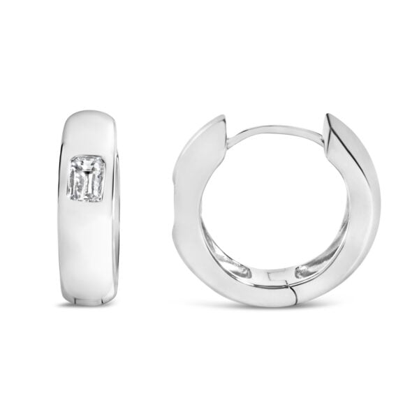 14K White Gold 1/3 Cttw Emerald Diamond Bezel Set Huggie Earrings - alternate view 3
