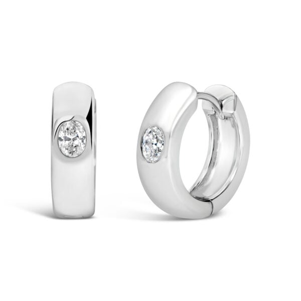 14K White Gold 1/3 Cttw Oval Diamond Bezel Set Huggie Earrings - alternate view 2