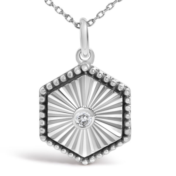 10K White Gold Diamond Accent Hexagon Fluted Medallion Pendant Necklace - alternate view 2
