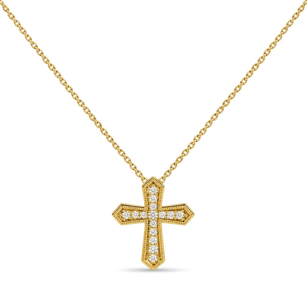 10K Yellow Gold 1/7 Cttw Diamond Petite Cross Pendant Necklace