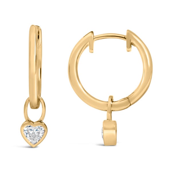 14K Yellow Gold 1/3 Cttw Heart Diamond Bezel Set Dangle Huggie Earrings - alternate view 3