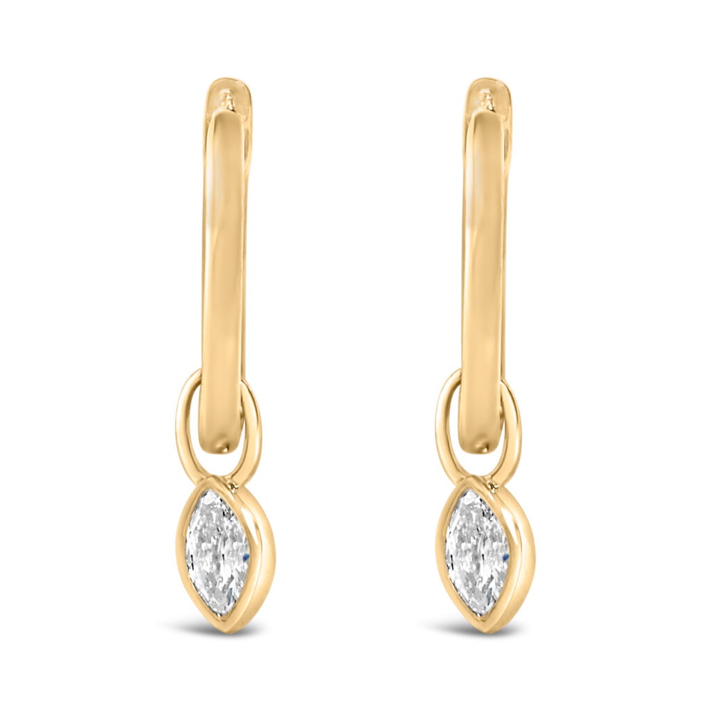 14K Yellow Gold 1/3 Cttw Marquise Diamond Bezel Set Dangle Huggie Earrings
