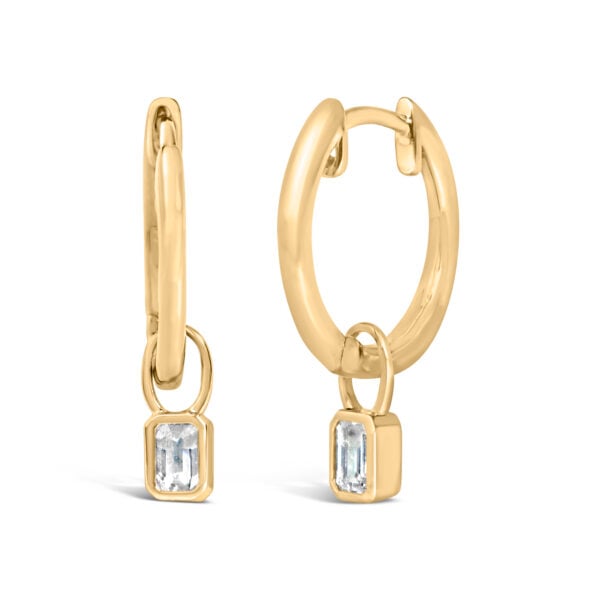 14K Yellow Gold 1/3 Cttw Emerald Diamond Bezel Set Dangle Huggie Earrings - alternate view 2