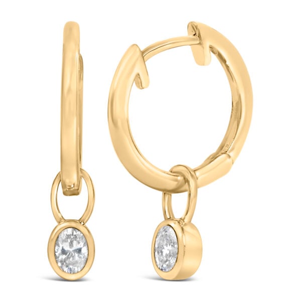14K Yellow Gold 1/3 Cttw Oval Diamond Bezel Set Dangle Huggie Earrings - alternate view 2