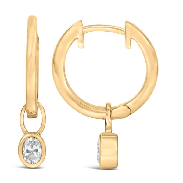 14K Yellow Gold 1/3 Cttw Oval Diamond Bezel Set Dangle Huggie Earrings - alternate view 3