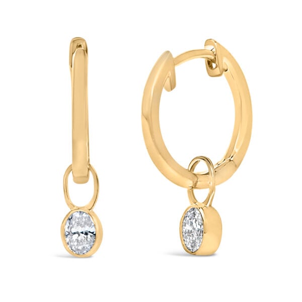 10K Yellow Gold 1/3 Cttw Oval Diamond Bezel Set Dangle Huggie Hoop Earrings - alternate view 2