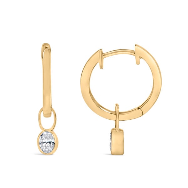 10K Yellow Gold 1/3 Cttw Oval Diamond Bezel Set Dangle Huggie Hoop Earrings - alternate view 3