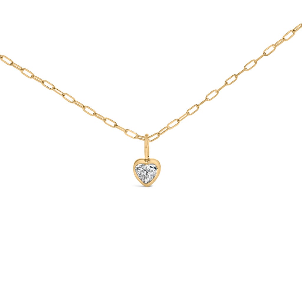 14K Yellow Gold 1/5 Cttw Heart Diamond Bezel Set Solitaire Pendant Necklace with Paperclip Chain