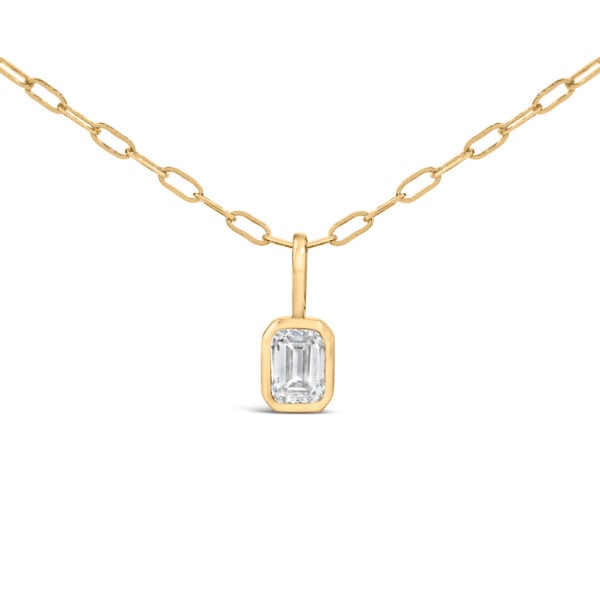 14K Yellow Gold 1/5 Cttw Emerald Diamond Bezel Set Solitaire Pendant Necklace with Paperclip Chain - alternate view 2