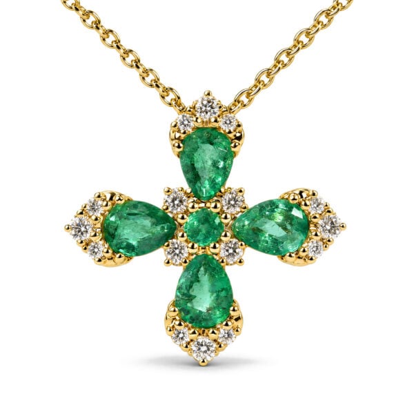 14K Yellow Gold Pear-Shaped Emerald and 1/6 Cttw Diamond Blossom Cross Pendant Necklace - alternate view 2