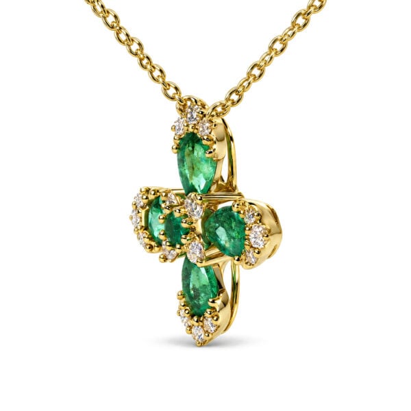 14K Yellow Gold Pear-Shaped Emerald and 1/6 Cttw Diamond Blossom Cross Pendant Necklace - alternate view 3