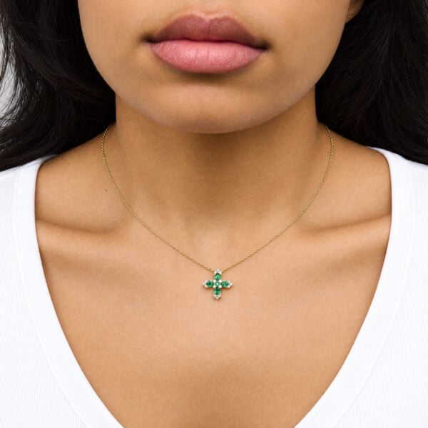 14K Yellow Gold Pear-Shaped Emerald and 1/6 Cttw Diamond Blossom Cross Pendant Necklace - alternate view 5