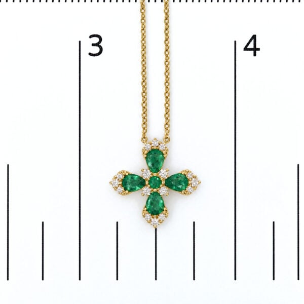 14K Yellow Gold Pear-Shaped Emerald and 1/6 Cttw Diamond Blossom Cross Pendant Necklace - alternate view 4