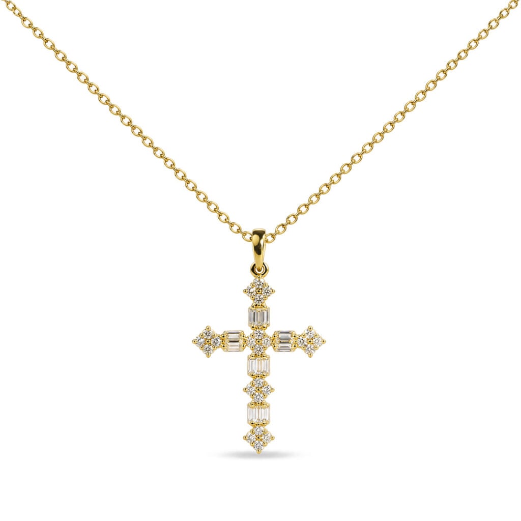 14K Yellow Gold 1/3 Cttw Baguette Diamond Cross Pendant Necklace