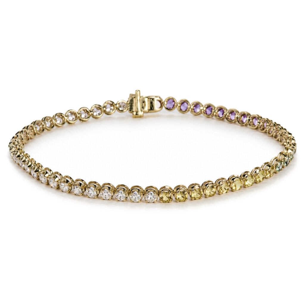 14K Yellow Gold Ombré Multicolor Sapphire and 1 3/8 Cttw Diamond Tennis Bracelet