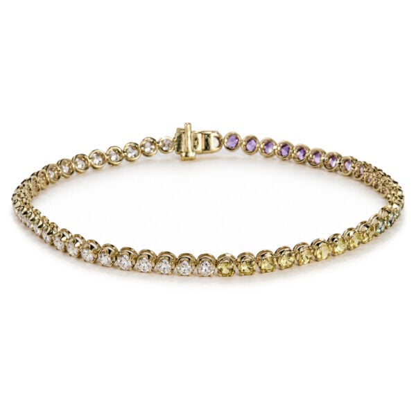 14K Yellow Gold Ombré Multicolor Sapphire and 1 3/8 Cttw Diamond Tennis Bracelet