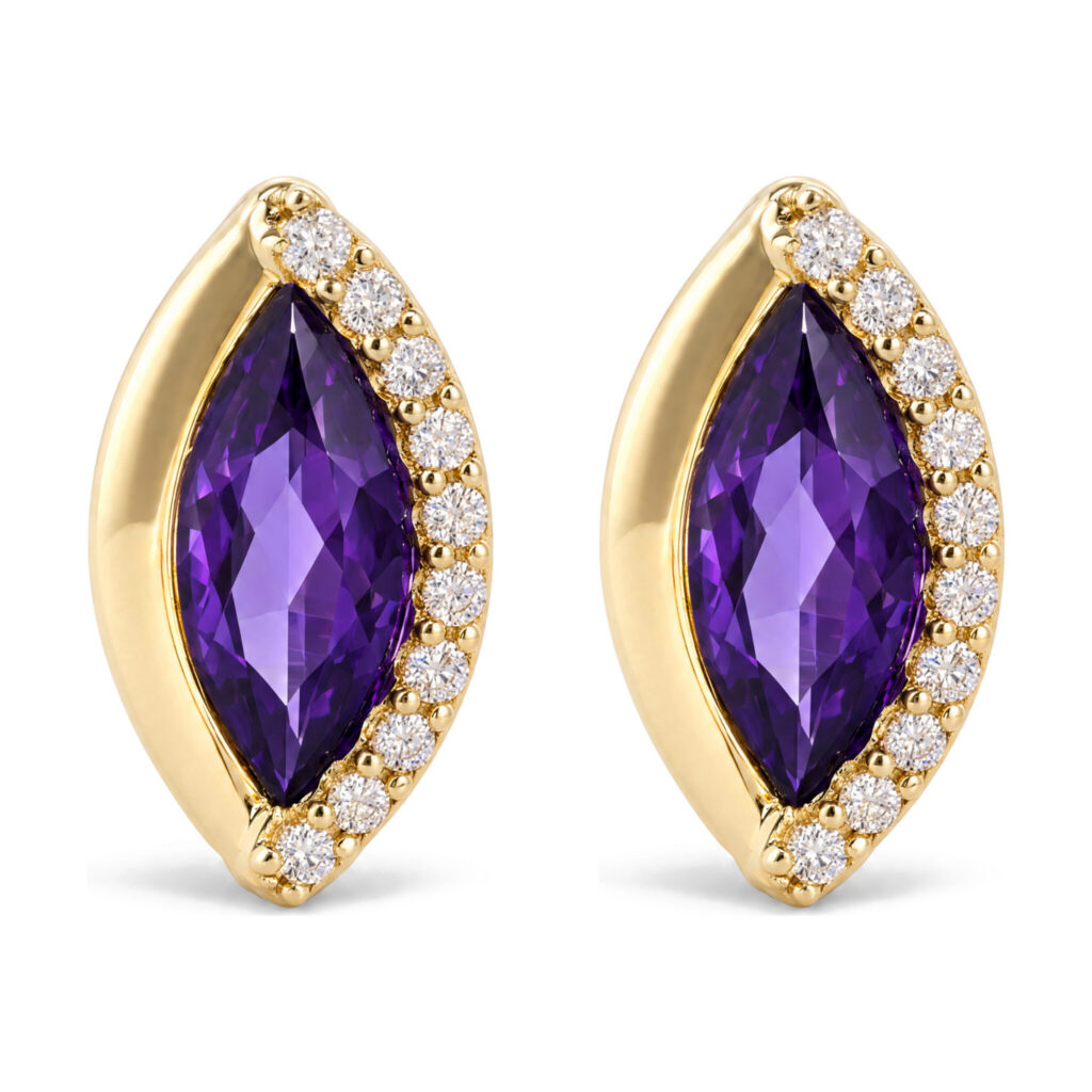10K Yellow Gold 1/10 Cttw Diamond and Marquise Amethyst Half-Halo Stud Earrings