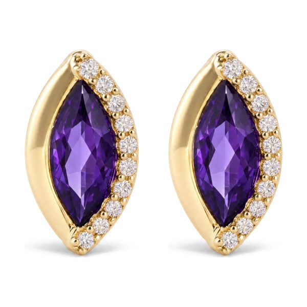 10K Yellow Gold 1/10 Cttw Diamond and Marquise Amethyst Half-Halo Stud Earrings
