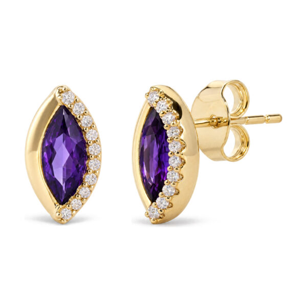 10K Yellow Gold 1/10 Cttw Diamond and Marquise Amethyst Half-Halo Stud Earrings - alternate view 2
