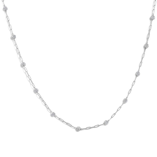 14K White Gold 1.00 Cttw Round Diamond Paperclip Bezel Set Station Necklace
