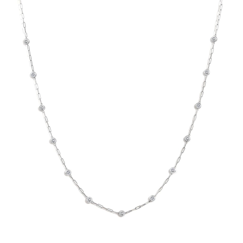 14K White Gold 2.00 Cttw Round Diamond Paperclip Bezel Set Station Necklace
