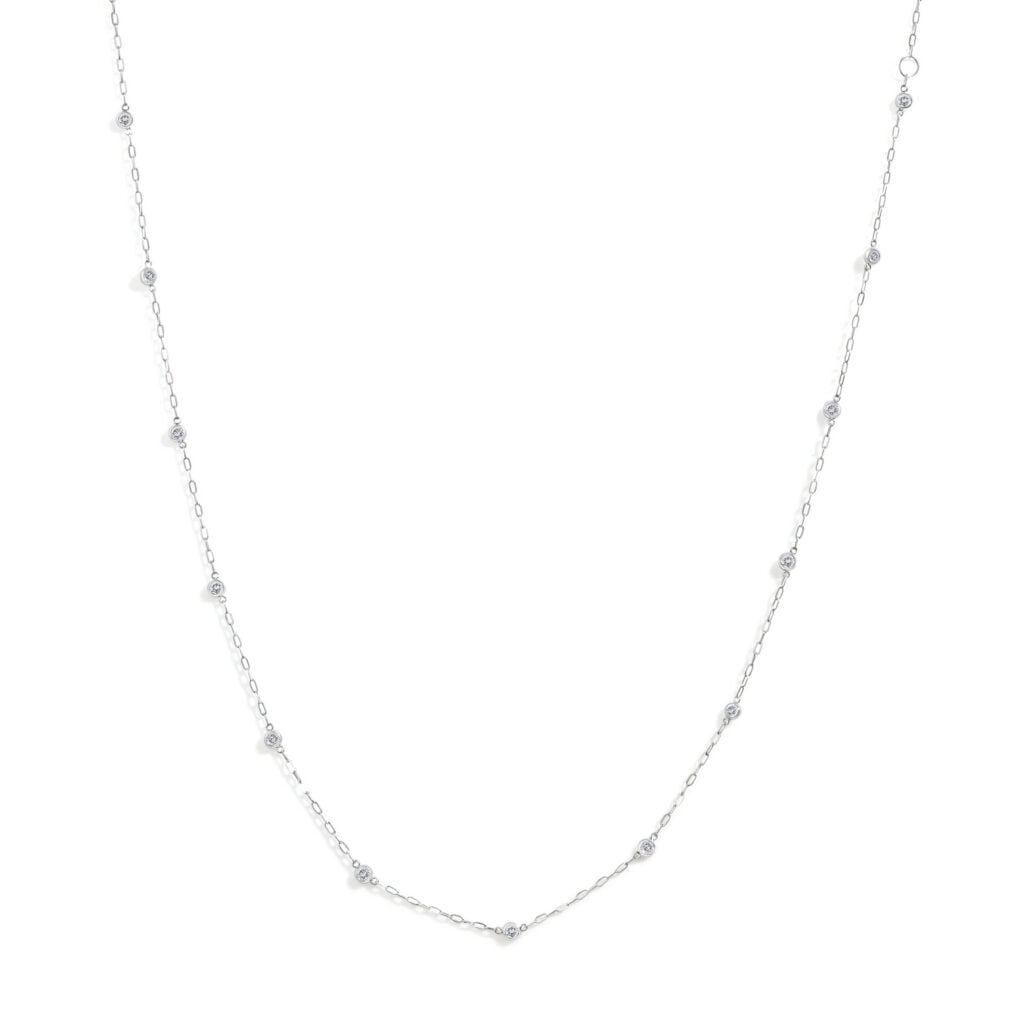 14K White Gold 1/2 Cttw Round Diamond Paperclip Bezel Set Station Necklace