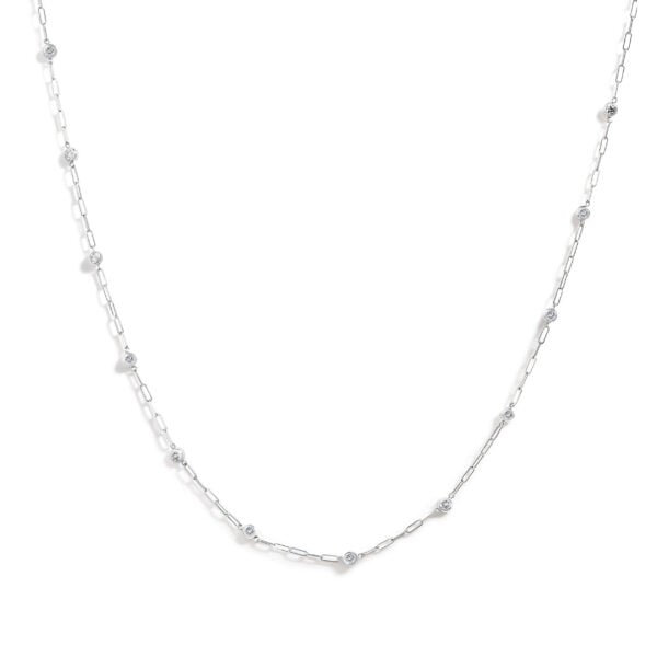 14K White Gold 3/4 Cttw Round Diamond Paperclip Bezel Set Station Necklace