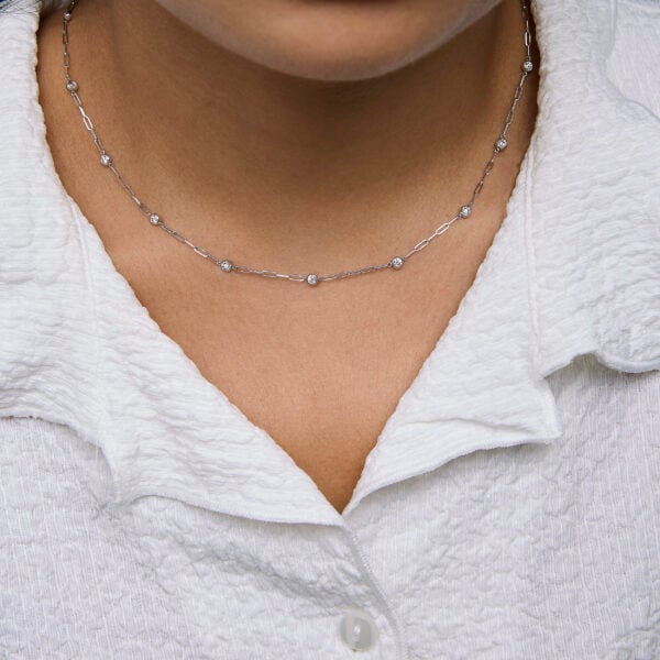 14K White Gold 3/4 Cttw Round Diamond Paperclip Bezel Set Station Necklace - alternate view 5