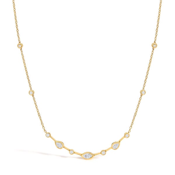 18K Yellow Gold 1 1/7 Cttw Diamond Bezel-Set Station Necklace with Round, Pear and Marquise Diamonds