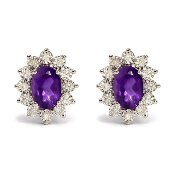 Sterling Silver 1/8 Cttw Diamond Starburst Oval Amethyst Stud Earrings
