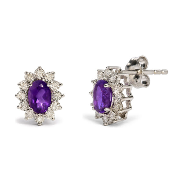 Sterling Silver 1/8 Cttw Diamond Starburst Oval Amethyst Stud Earrings - alternate view 2
