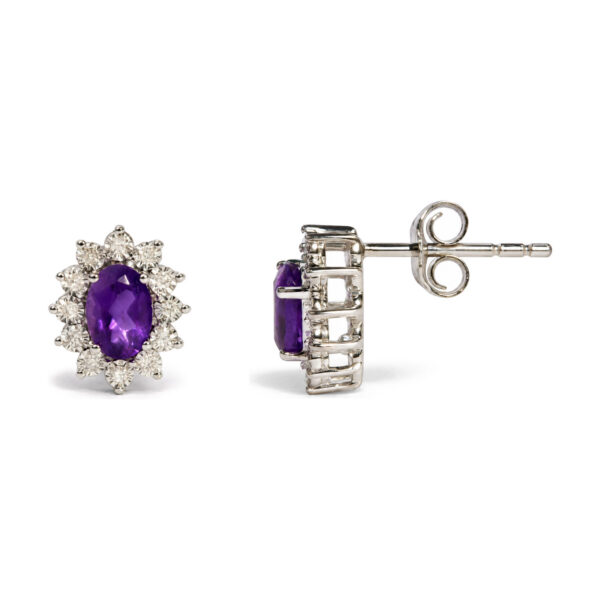 Sterling Silver 1/8 Cttw Diamond Starburst Oval Amethyst Stud Earrings - alternate view 3