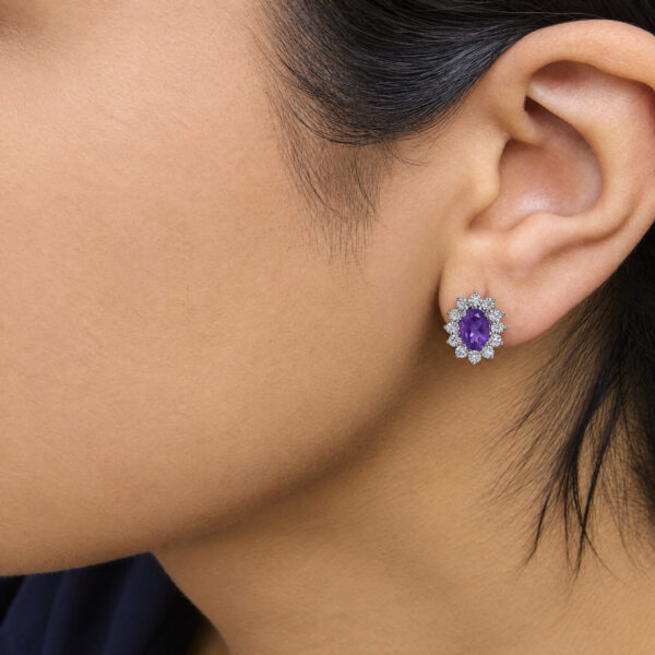Sterling Silver 1/8 Cttw Diamond Starburst Oval Amethyst Stud Earrings - alternate view 5
