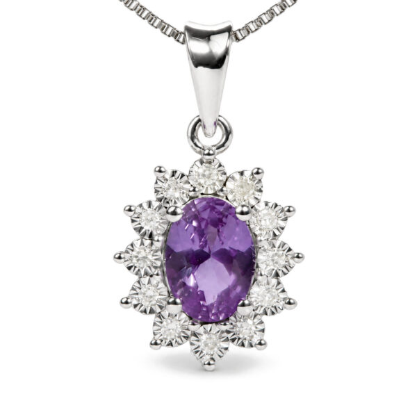 925 Sterling Silver Oval Purple Amethyst and Diamond Accent Floral Halo Pendant Necklace - alternate view 2
