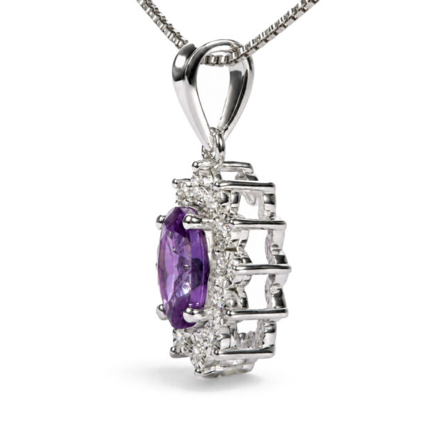 925 Sterling Silver Oval Purple Amethyst and Diamond Accent Floral Halo Pendant Necklace - alternate view 3