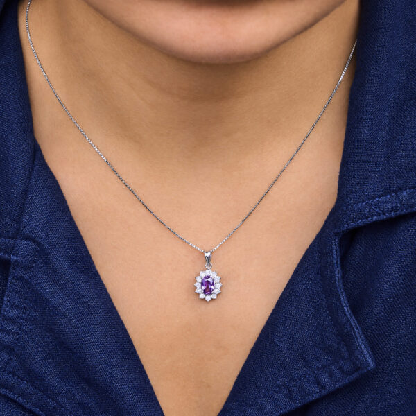 925 Sterling Silver Oval Purple Amethyst and Diamond Accent Floral Halo Pendant Necklace - alternate view 5