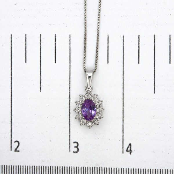 925 Sterling Silver Oval Purple Amethyst and Diamond Accent Floral Halo Pendant Necklace - alternate view 4