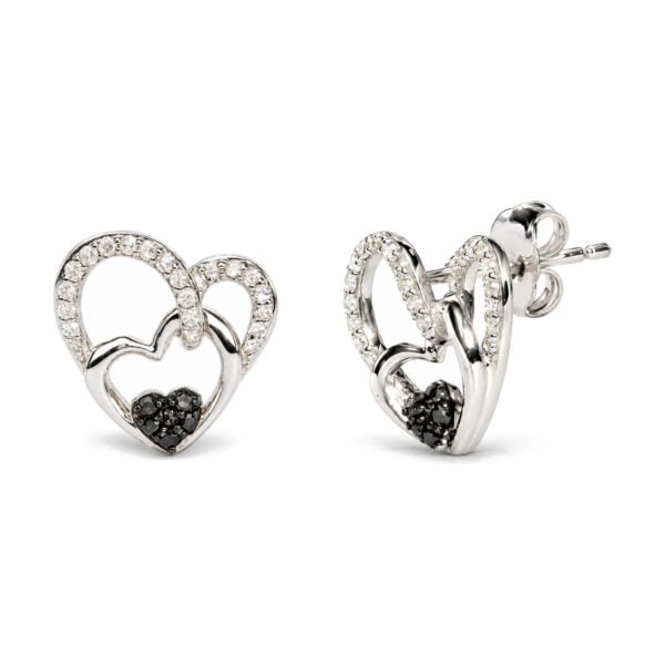 .925 Sterling Silver 1/4 Cttw Black and White Diamond Multi Heart Stud Earrings - alternate view 2