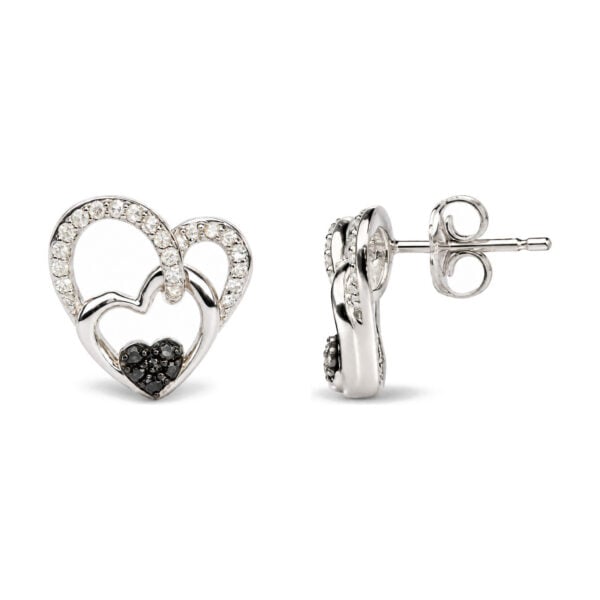 .925 Sterling Silver 1/4 Cttw Black and White Diamond Multi Heart Stud Earrings - alternate view 3