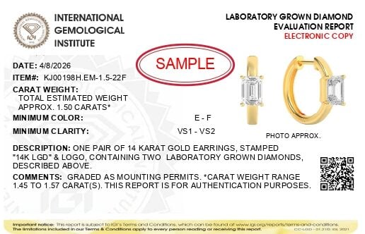 IGI Certified 14K Yellow Gold 1 1/2 Cttw Lab Grown Emerald Cut Diamond Solitaire Huggies Hoop Earrings - alternate view 4