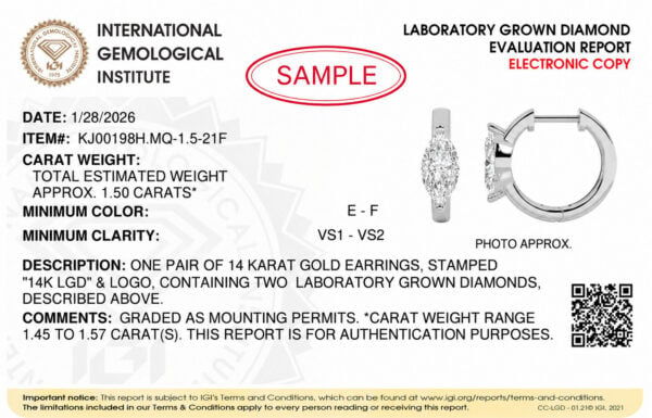 IGI Ceritfied 14K White Gold 1 1/2 Cttw Lab Grown Marquise Cut Diamond Solitaire Huggie Hoop Earrings - alternate view 4