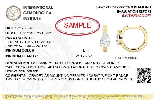 IGI Certified 14K Yellow Gold 1 1/2 Cttw Lab Grown Pear Cut Diamond Solitaire Huggies Hoop Earrings - alternate view 4