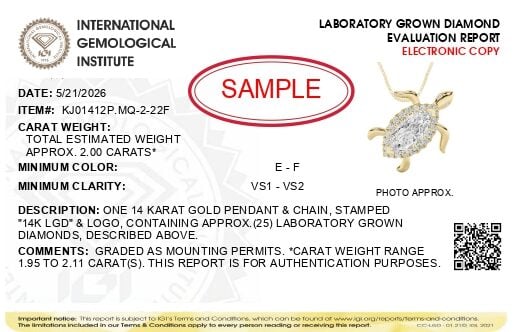 IGI Certified 14K Yellow Gold 2.00 Cttw Lab Grown Marquise Cut Diamond Turtle Pendant Necklace - alternate view 4